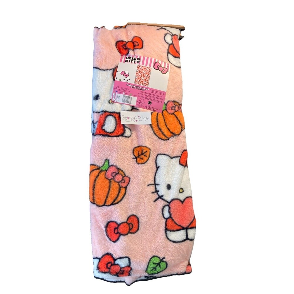 Hello Kitty Fall Pumpkin Blanket Pink 50x70 Ultra Fine Faux Fur Soft Throw BNWT